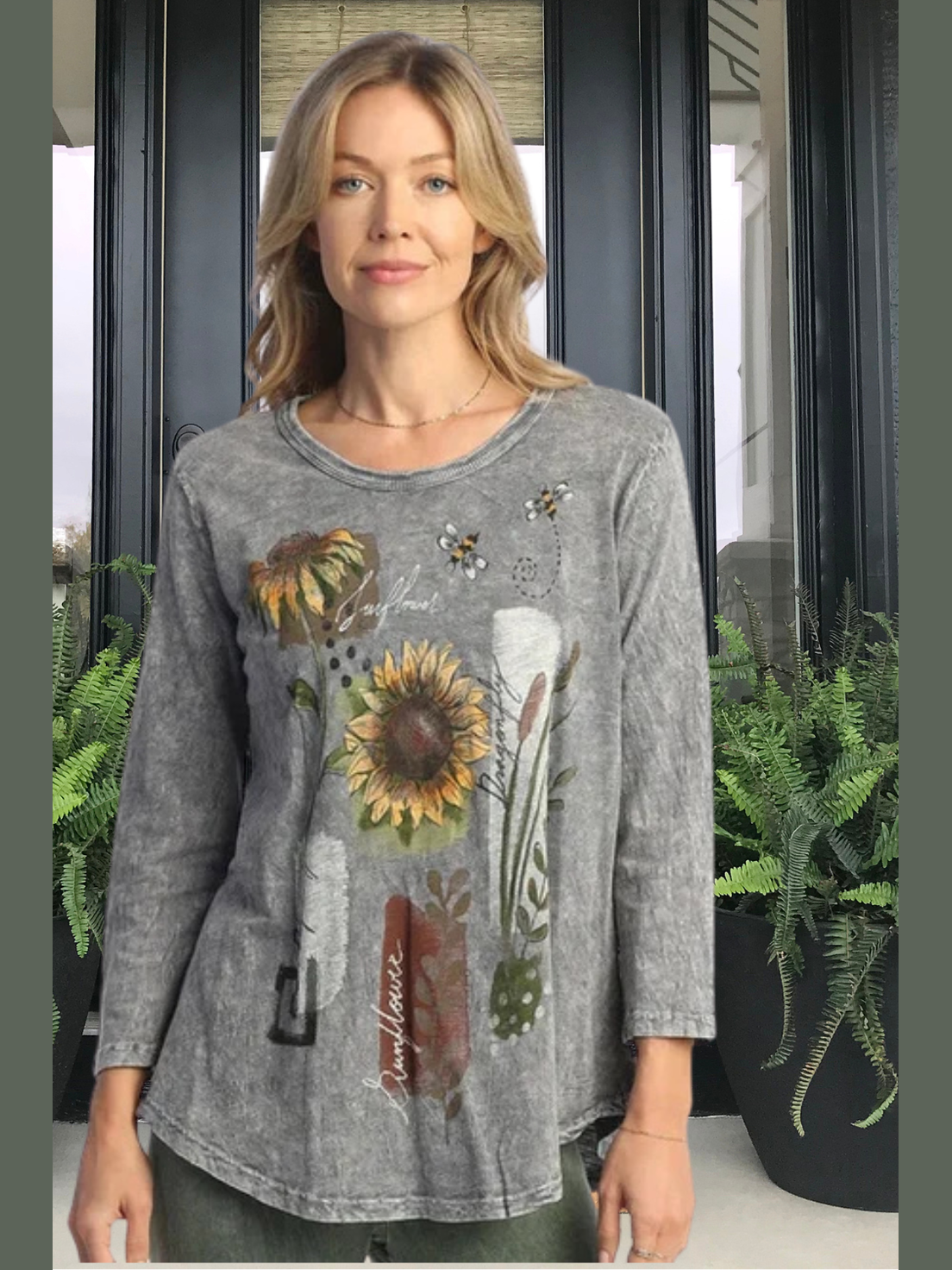 M106-1885 Grey with Flowers - Women's top