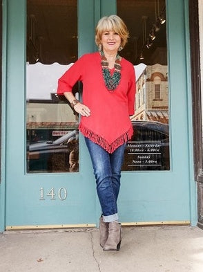 Shirt Salmon 1/2 Sleeve V Neck Fringe Womens 449