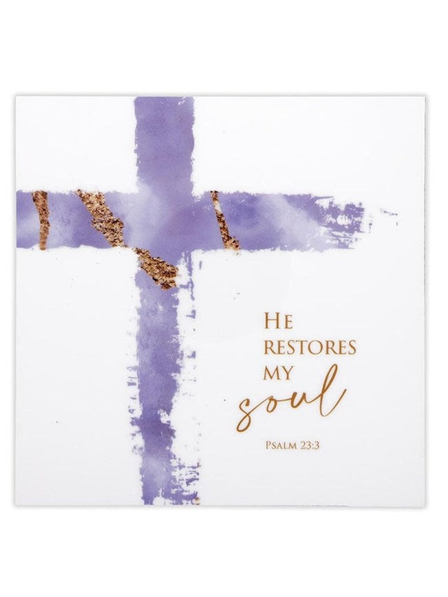 Plaque Lavender Cross He Restores My Soul 5x5" R7781