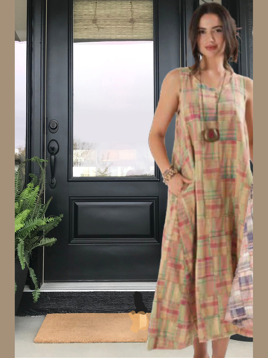 Dress Sleeveless Mixed Patch Work Natural Plaid PL-C07D