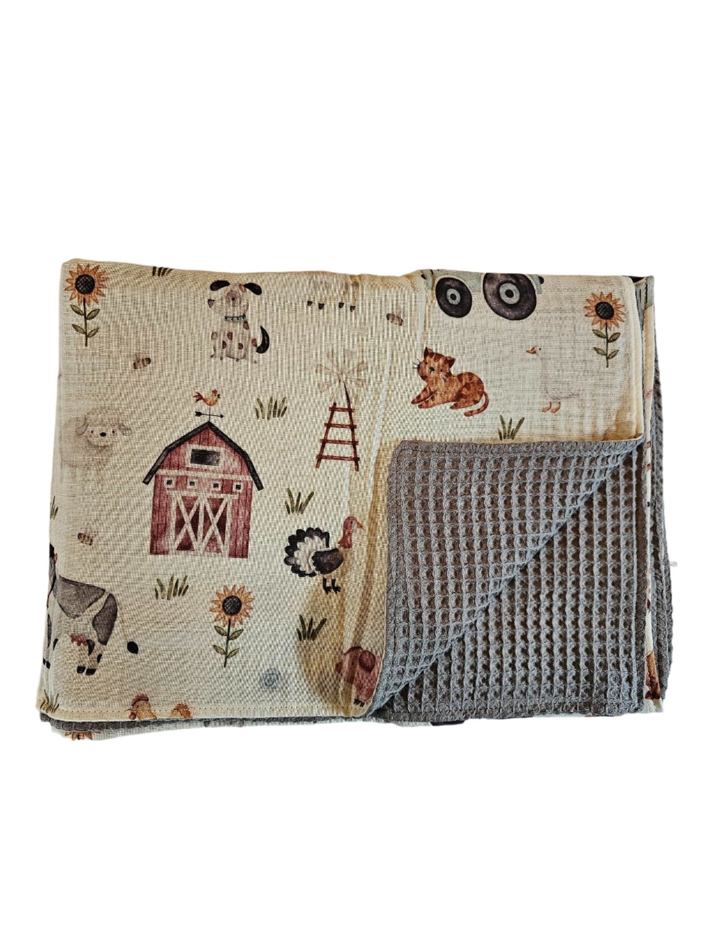 Baby Blanket - Muslin Waffle - Farm / Grey