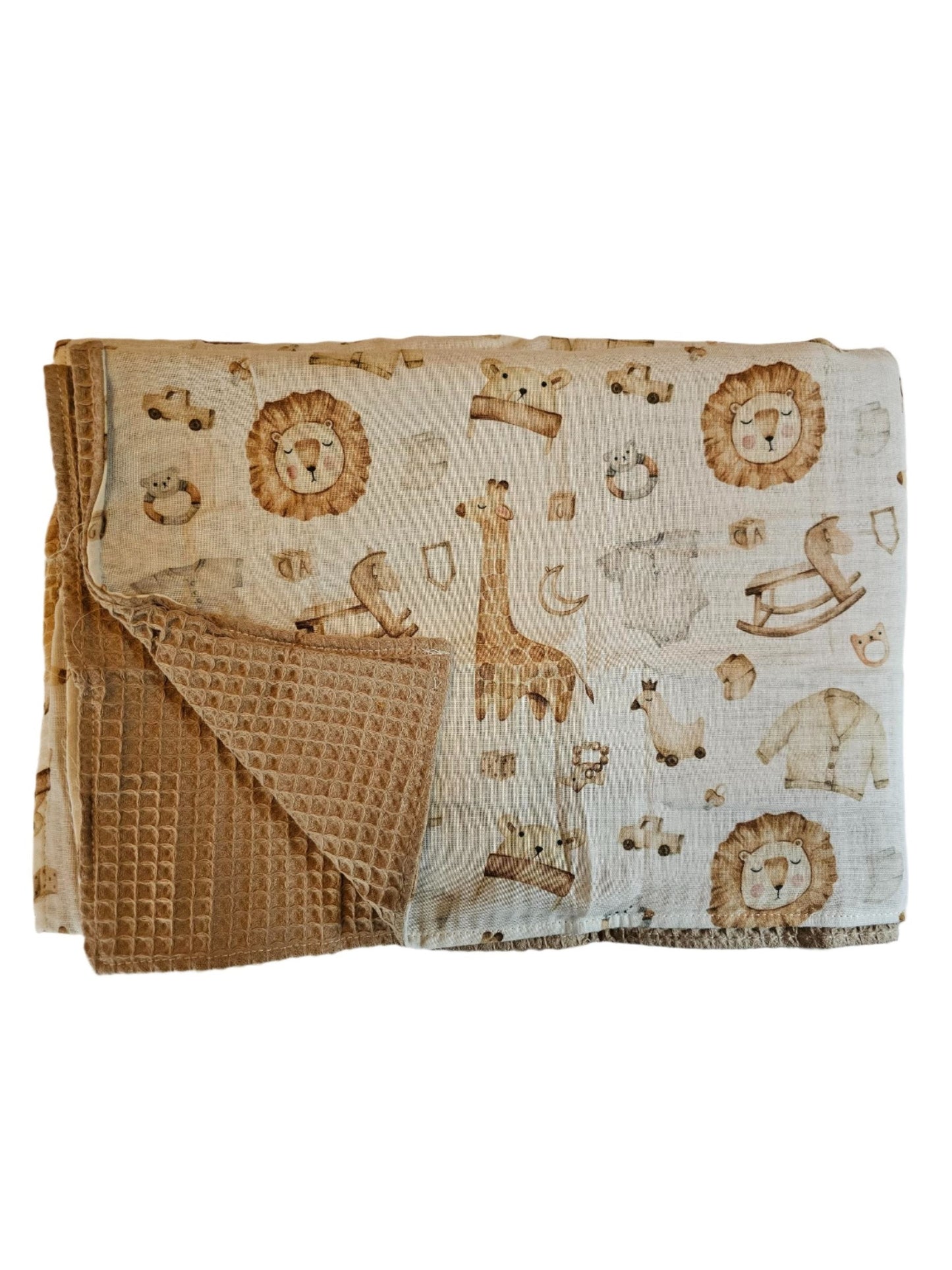 Baby Blanket - Muslin Waffle - Zoo Animals/ Taupe