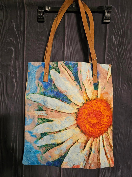 Canvas Book bag - Watercolor Daisy on Blue Background 