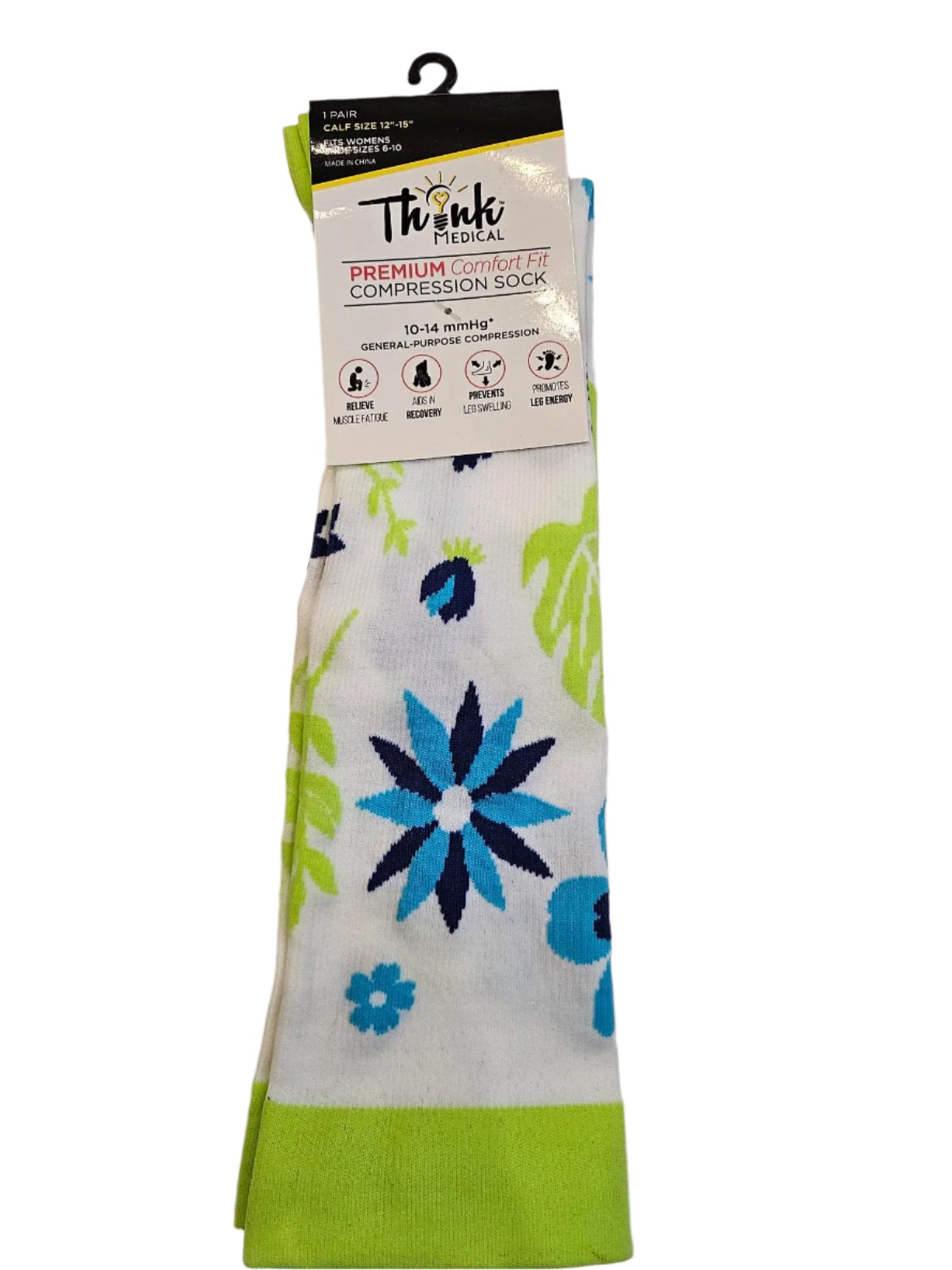 Compression Socks - White with blue /green Flowers - Women -Size 6-10