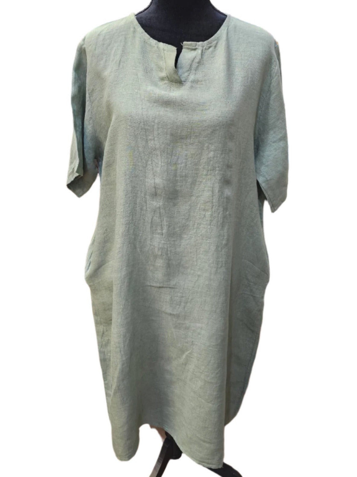 Dress Linen 2 Pocket Olive Green Color Women's