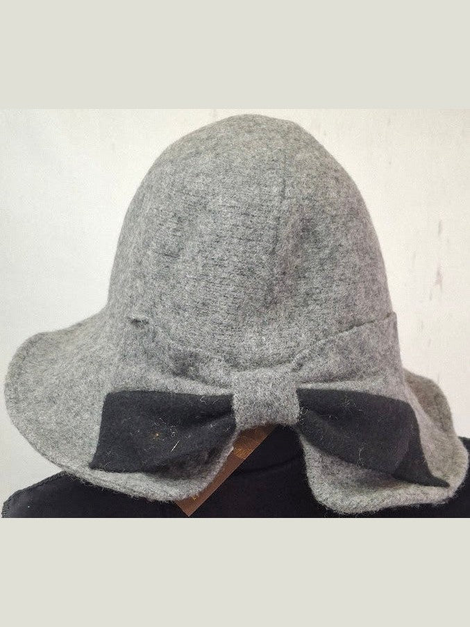 Hat Grey/Black Bow Wool Bucket 3" Brim Women's-AD1320A