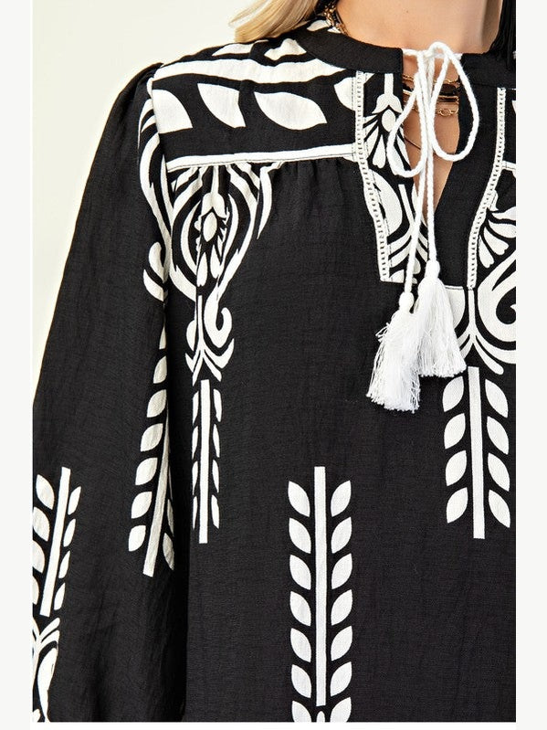 Dress Printed 3/4 Sleeve with Tassel Tie TG1548