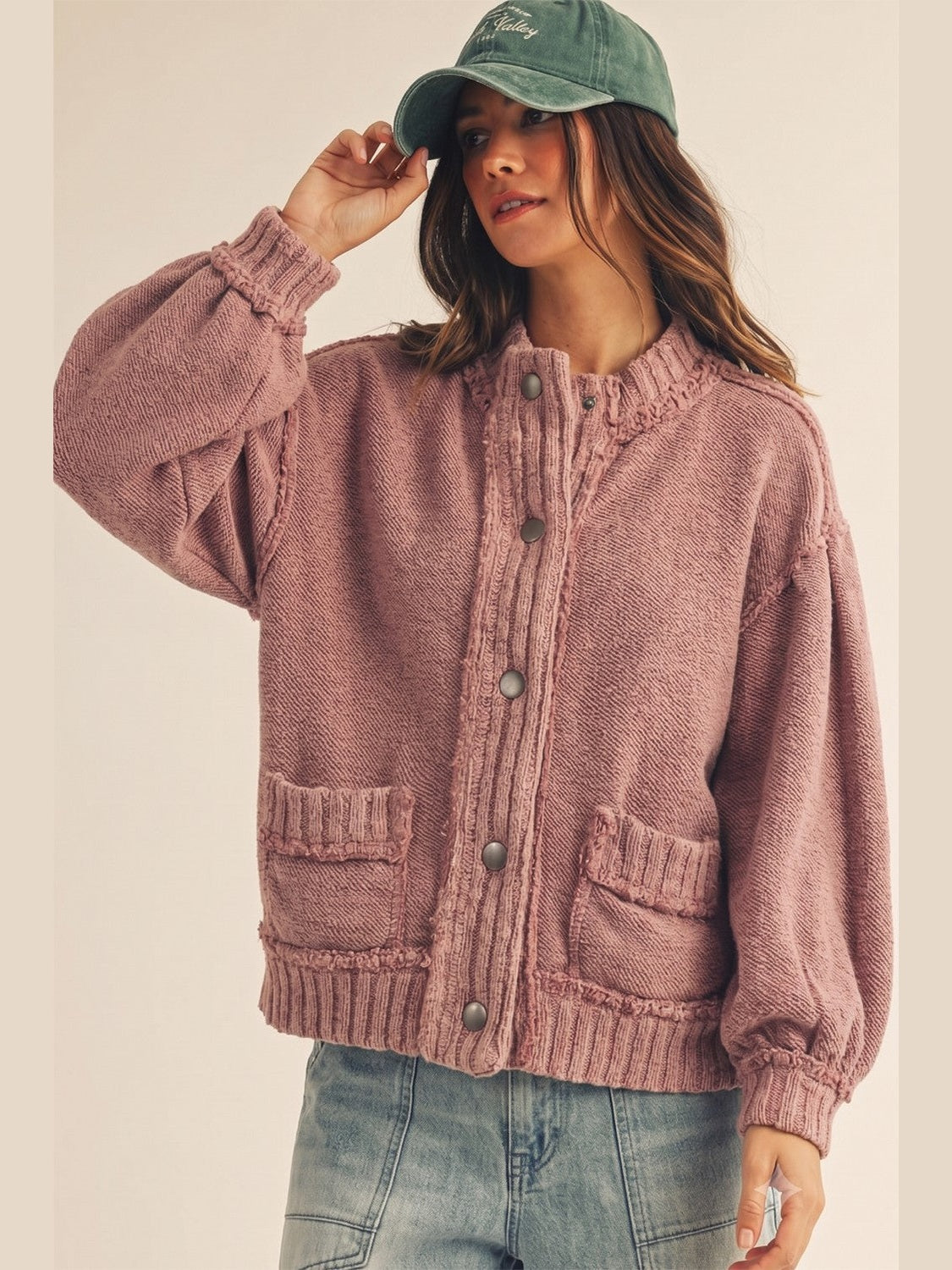 Washed Vintage Ribbed Knit Trim Cardigan Jacket Mauve DJ3019-01
