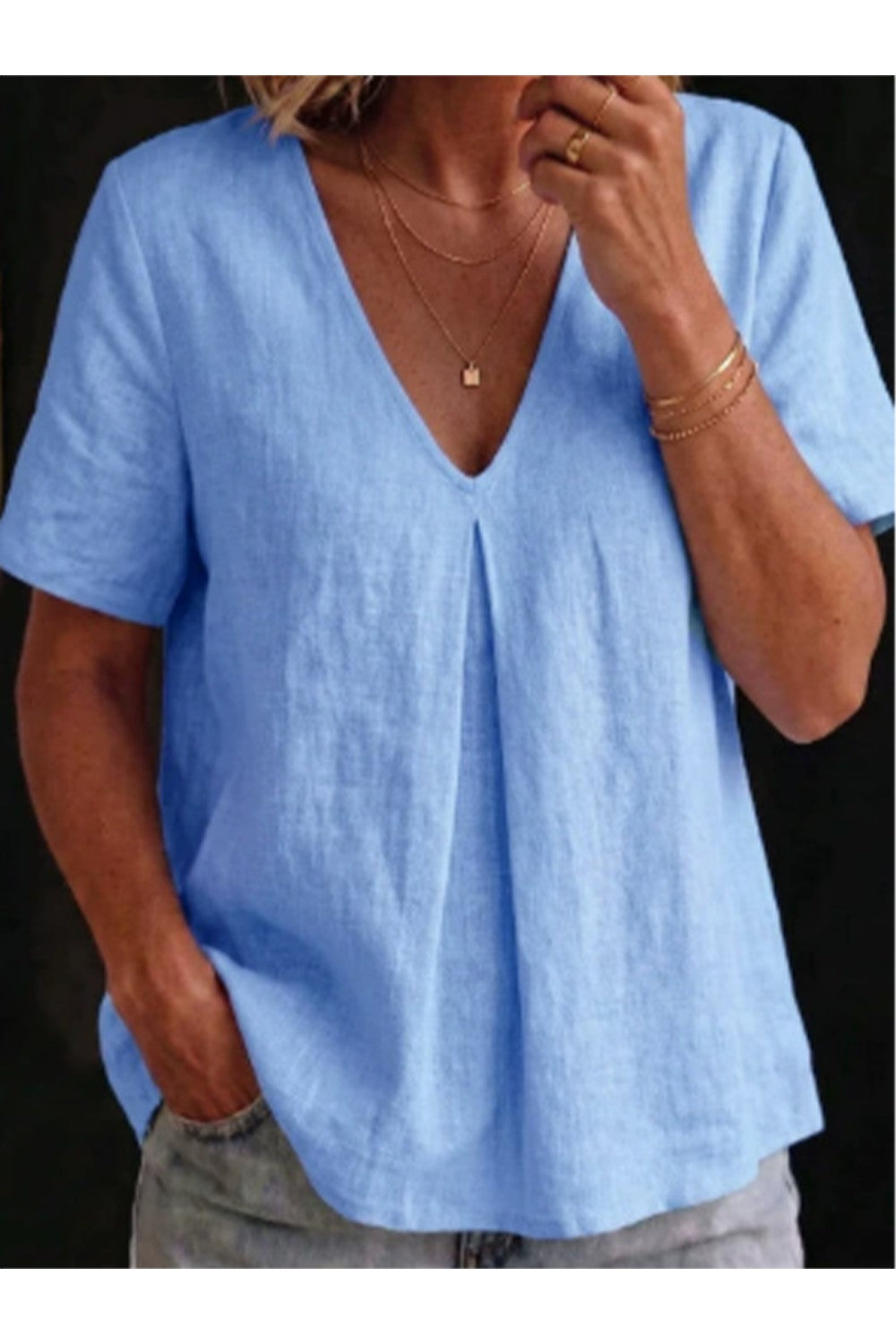 Cotton V Neck Shirt Casual Blue FRS53