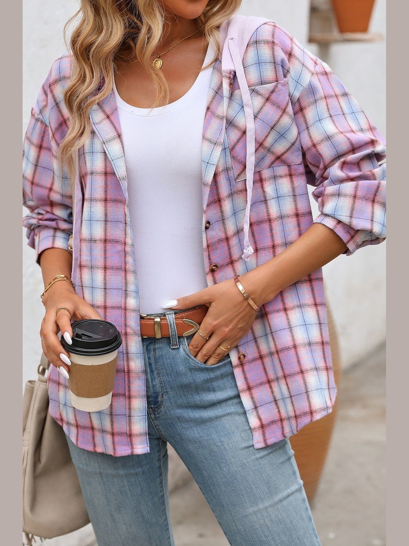Plaid Shacket hooded buttom front oversized Grey / Pink AY8615
