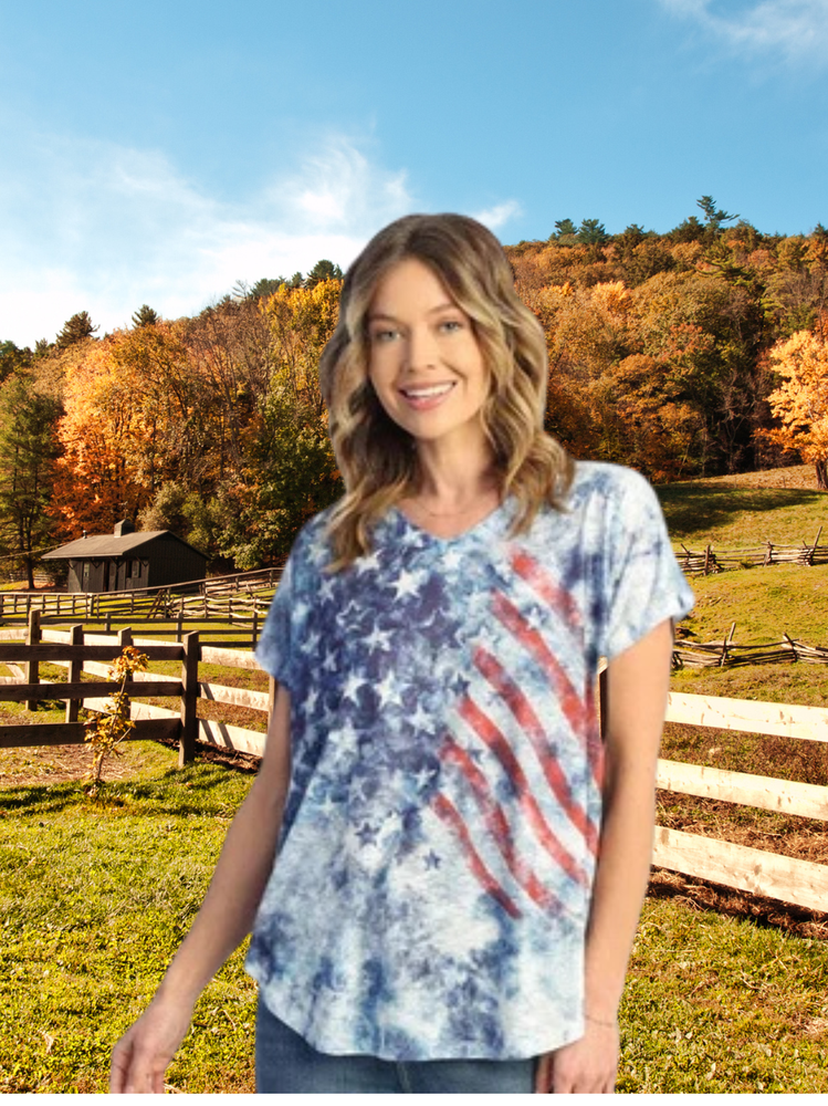 60-1713 American Vintage Blue V Neck 1/4 Sleeve Women's Top 92%Polyester