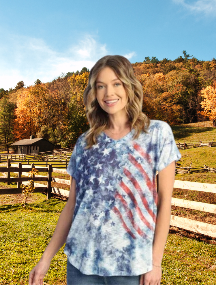 60-1713 American Vintage Blue V Neck 1/4 Sleeve Women's Top 92%Polyester