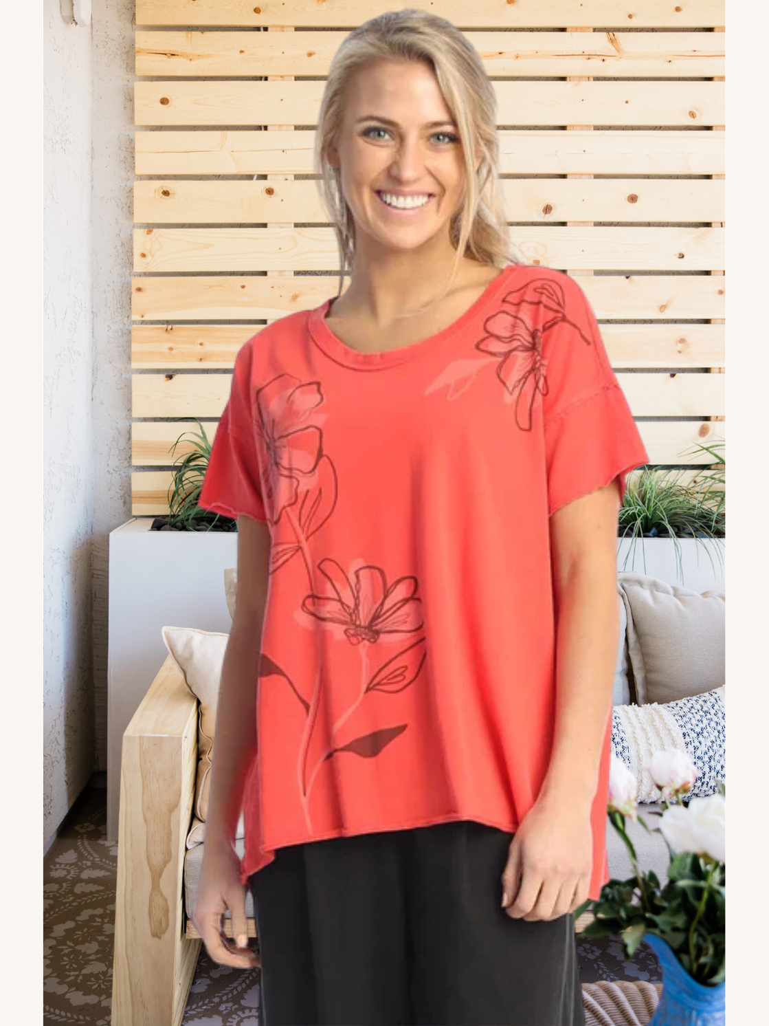 Wk6-1985 Rosa Red Back Pleat Round Neck Women's Top