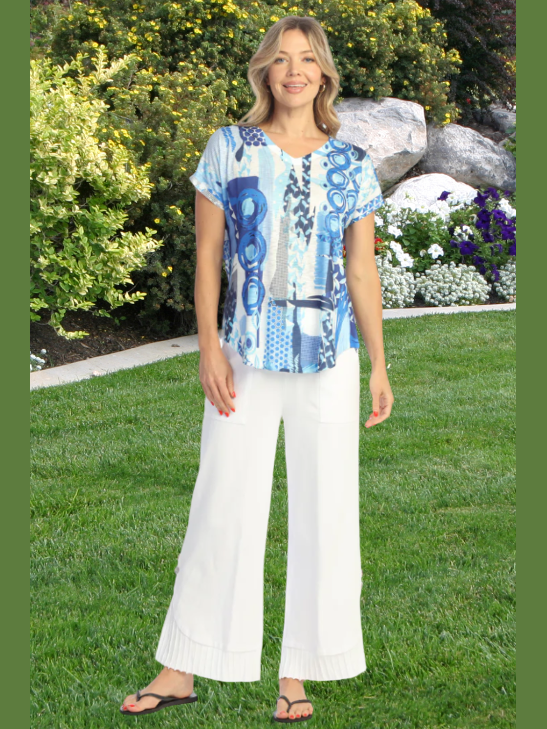 60-2062 Blue/White Ocean Blue V Neck Women's Top