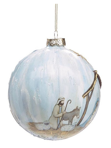 Christmas Ball Manger Scene Light Blue Glass 5" 3144189
