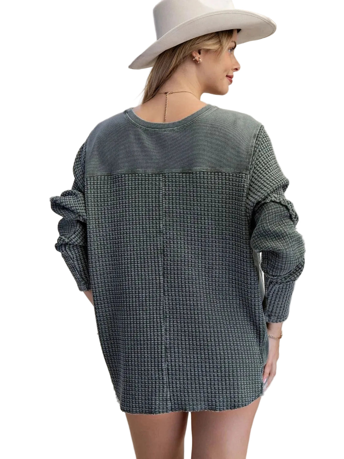 Top Pullover Pine Green Mineral Washed Thermal Waffle Knit Women's ET26958