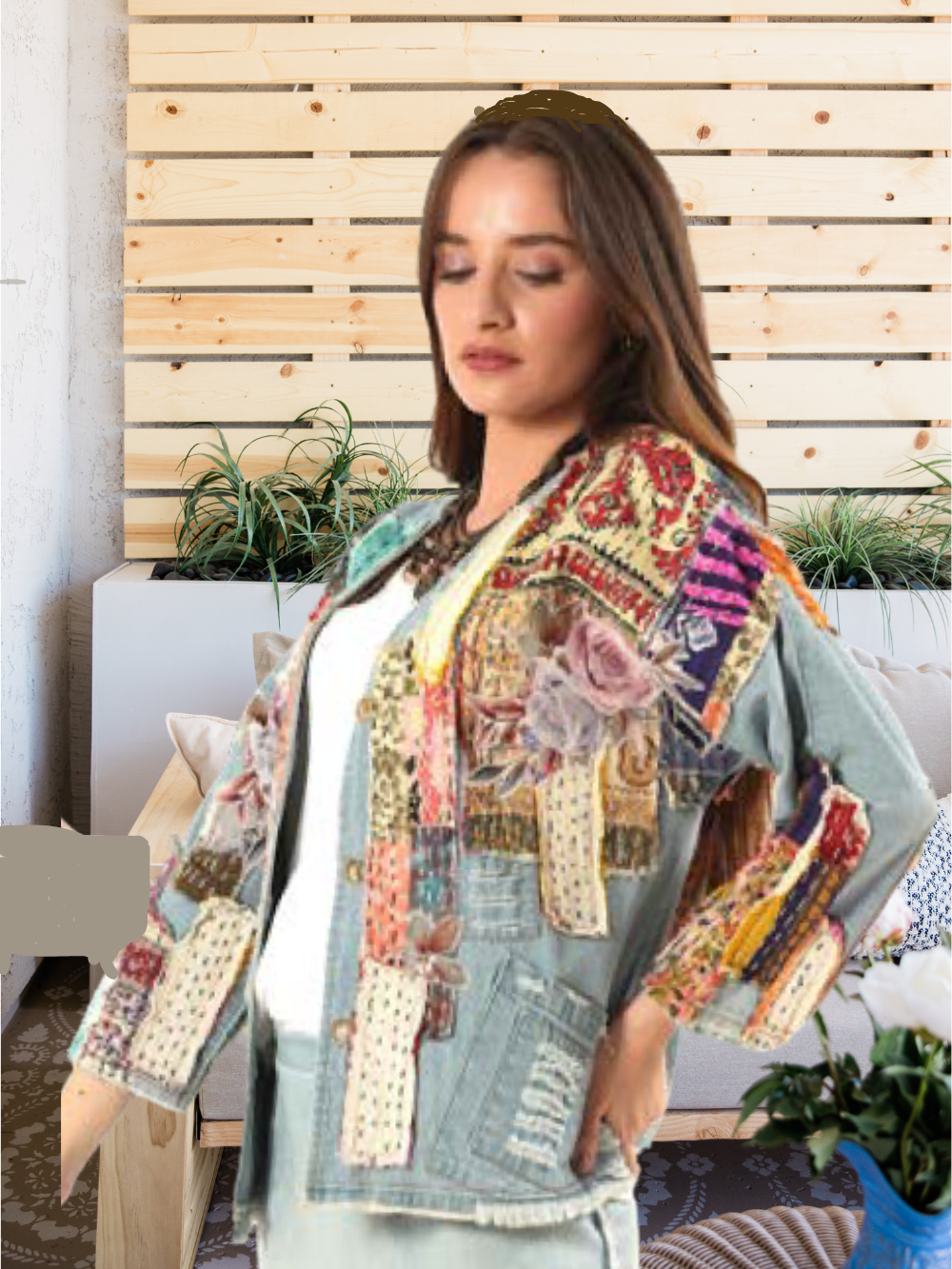 Jacket Light Blue Floral Denim Button Up PL-G07J