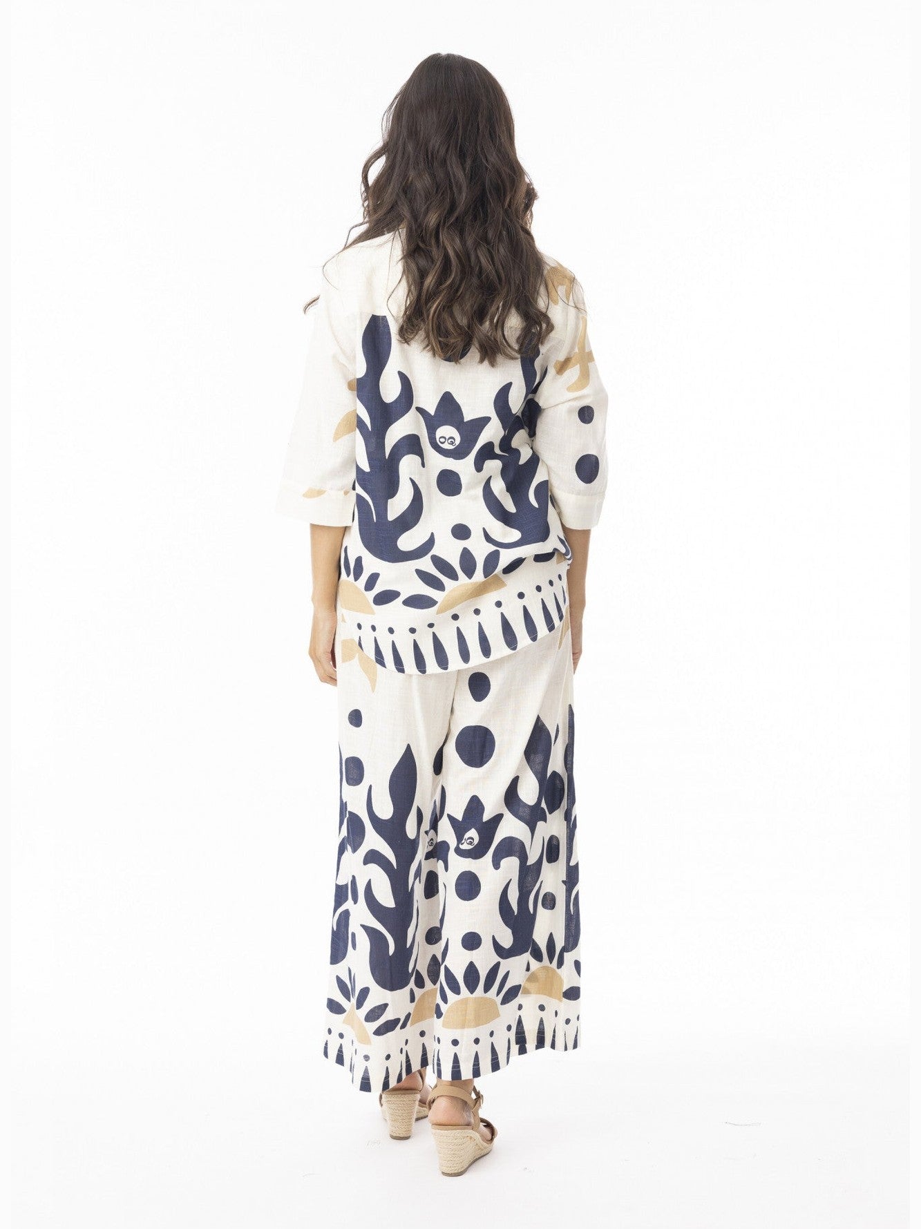 Top Nazca Print Collared 3/4 Sleeve Cream 42190