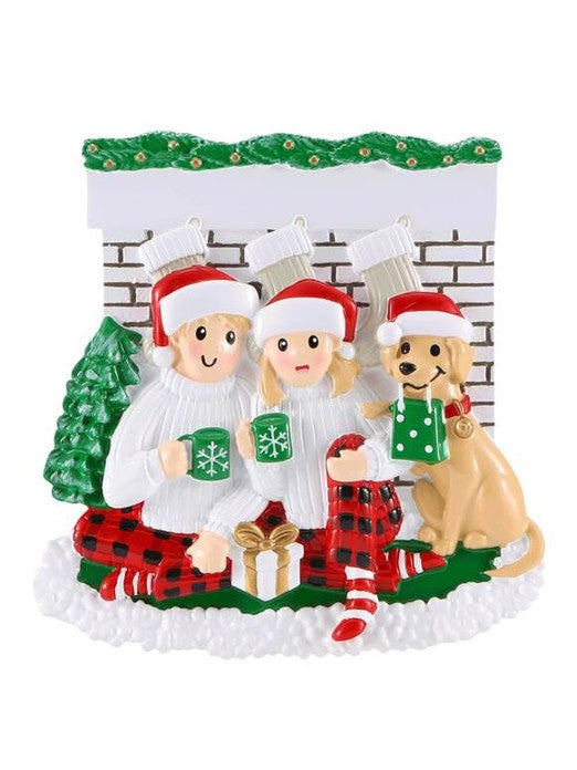 Christmas Family Of Two In Front Of Fireplace Ornament Personalized Or2461-2