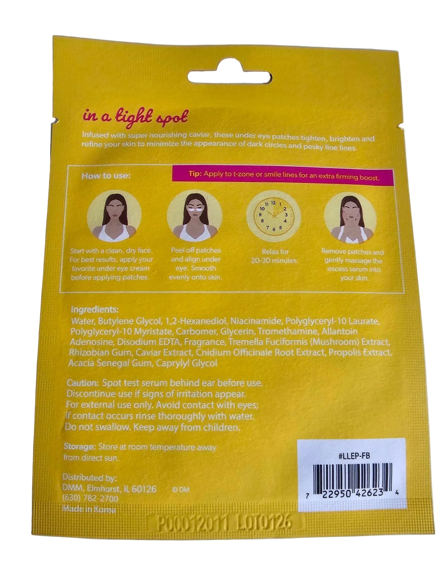 Yellow herbal supplement pouch packaging with printed instructions, ingredient list, and barcode on a light gray background.