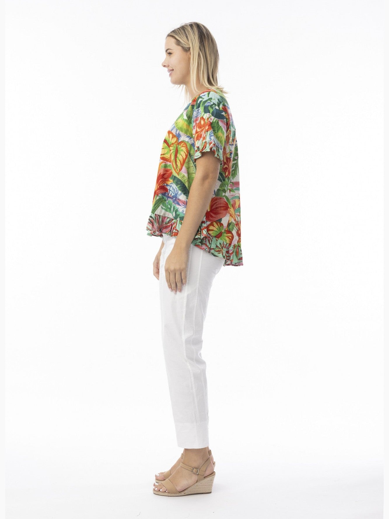 Top Equador Frill 1/2 Sleeve Ruffle Bottom Button Back Multi Colored Abstract Print 42197