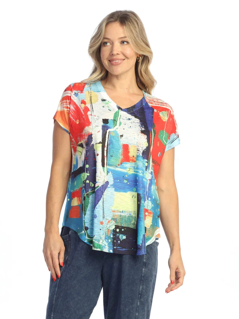 60-2070 Malibu Multi Bright Color Short Sleeve V Neck Women's Top