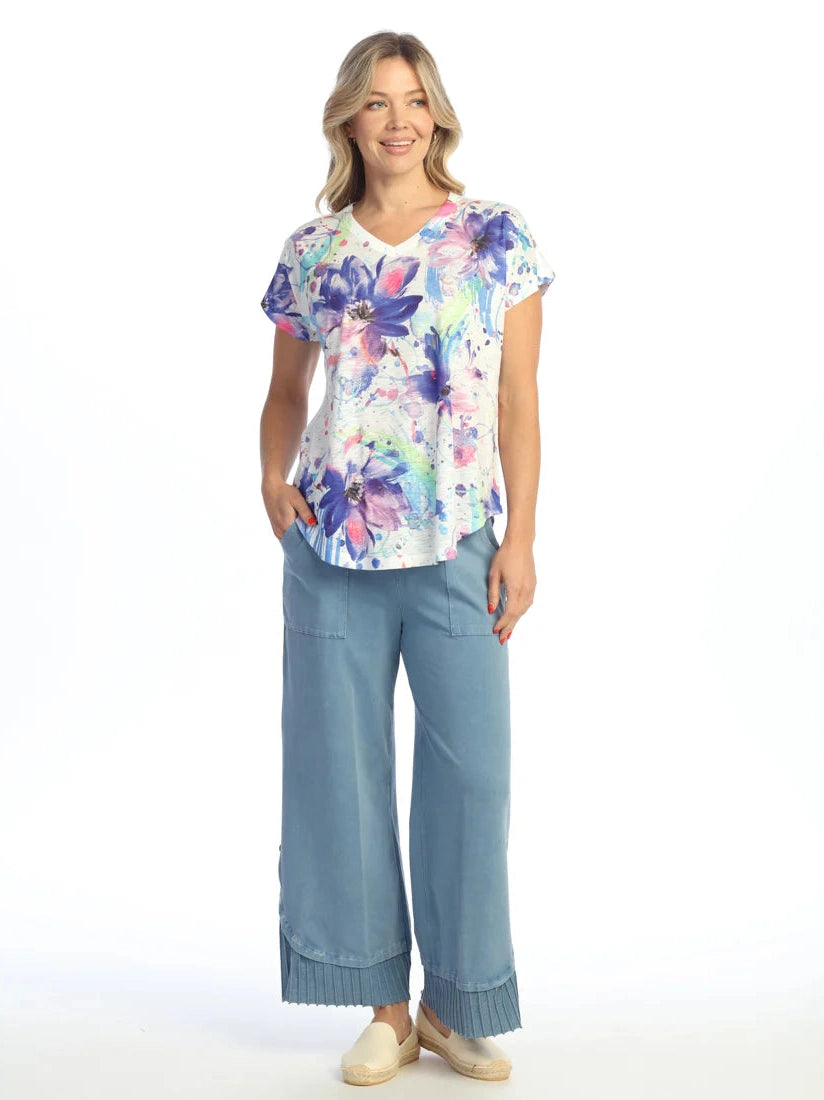 60-2083 Sophia Multi Color Floral Abstract V Neck 1/4 Short Sleeve Women's Top