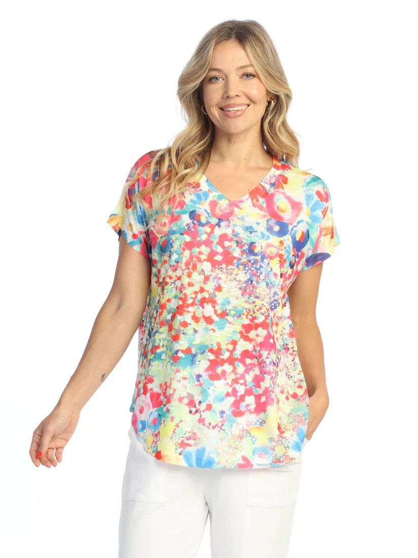 60-2085 Meadows Multi Bright Color Floral Short Sleeve V Neck Women's Top