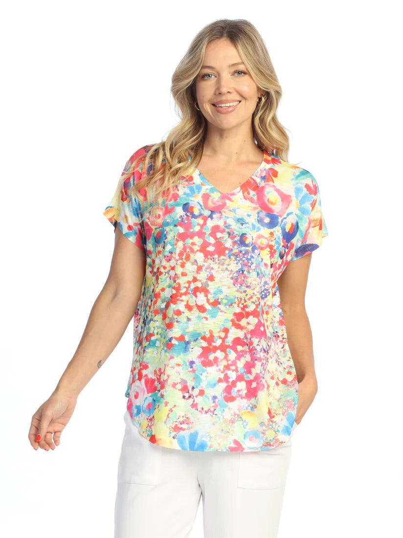 60-2085 Meadows Multi Color Floral Print V Neck 1/4 Short Sleeve Women's Top