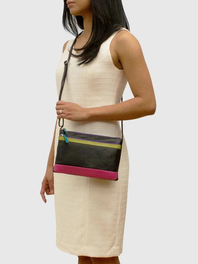 Handbag Double Zip Crossbody Bag Black/Bright Leather RFID Blocking 6028