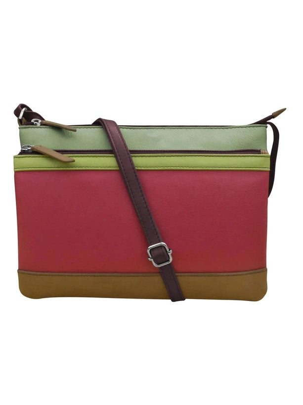 Handbag Double Zip Crossbody Bag Sage Multi Leather RFID Blocking 6028