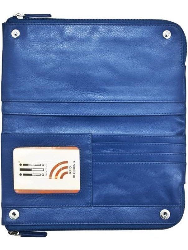 Womens-Cobalt Blue-Leather Double Zip Around Smart Phone Rfid Wallet