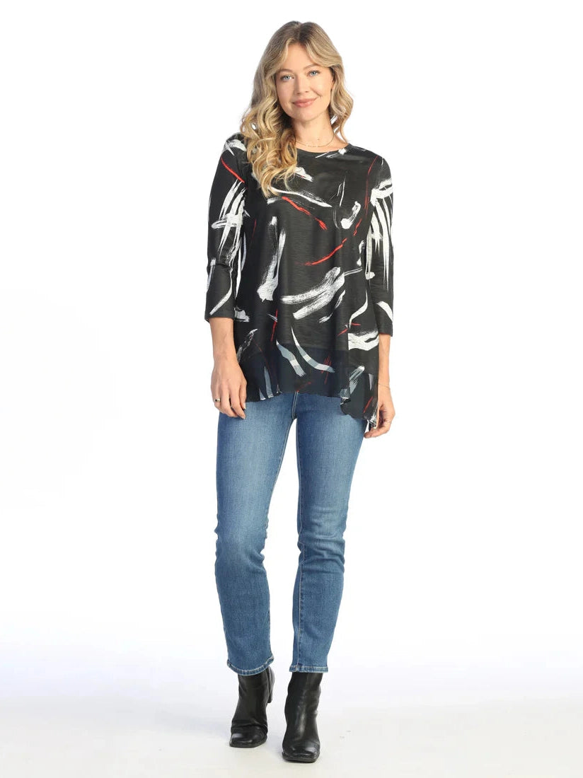 63-1961 Black White Red Abstract Colored Ripples 3/4 Sleeve Women's Top