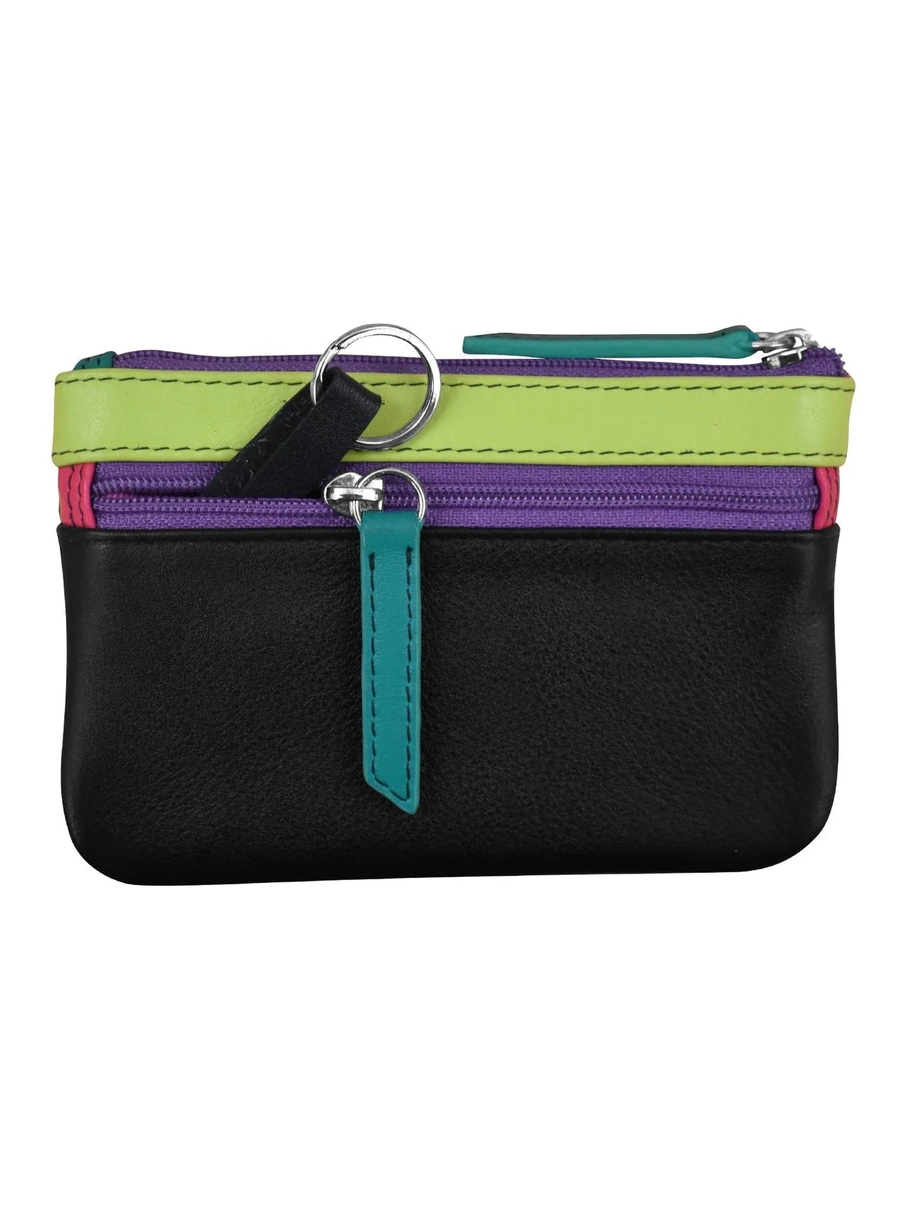 Wallet Coin Purse Black Brights Multi Colored Leather 2 Zipper Pockets With Key Ring Rfid Protected 6413C