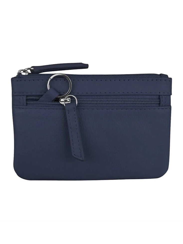 Wallet Coin Purse Classic Navy Leather 2 Zipper Pockets With Key Ring Rfid Protected 6413