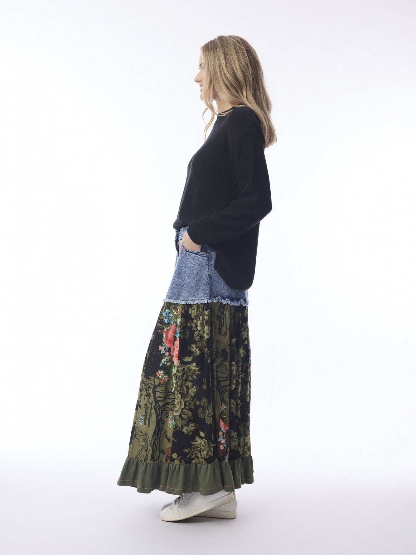 Skirt Keqioa Denim Mix Green Floral Ruffle Bottom 6558