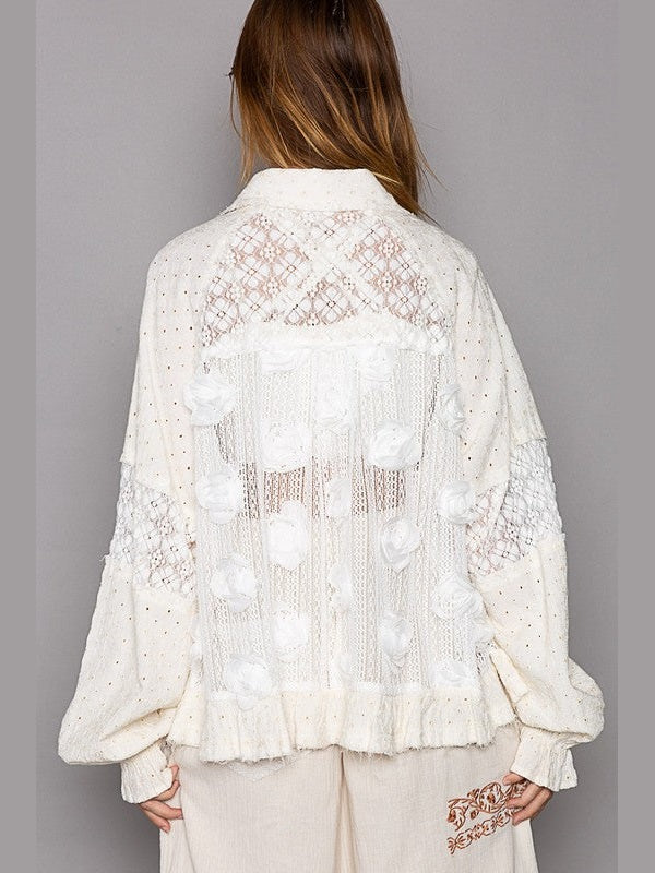 Top Jacket Ivory Ballon Sleeve Textured Regular Fit Uwt156