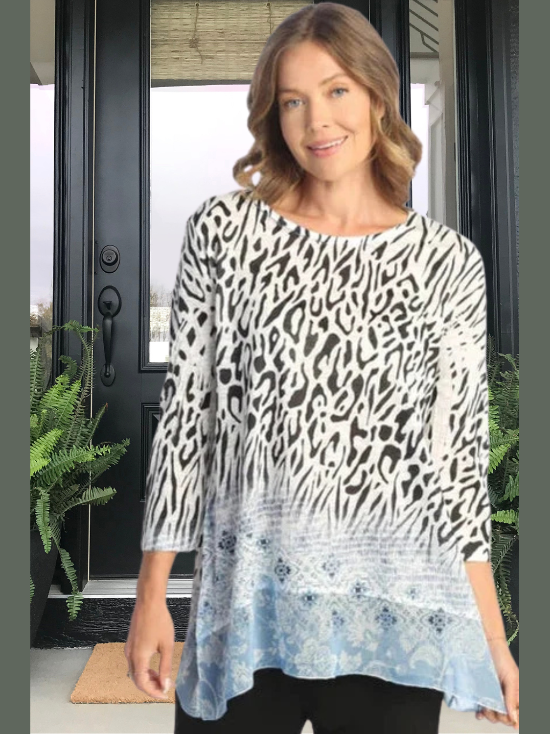 63-1792 Animal Print Tunic w/Chiffon 3/4 Sleeve Top