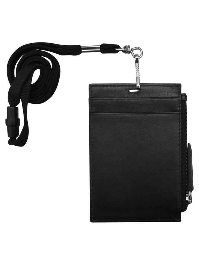Wallet I.D. Holder Vertical Zipper With Lanyard Black Leather RFID Blocking 7118