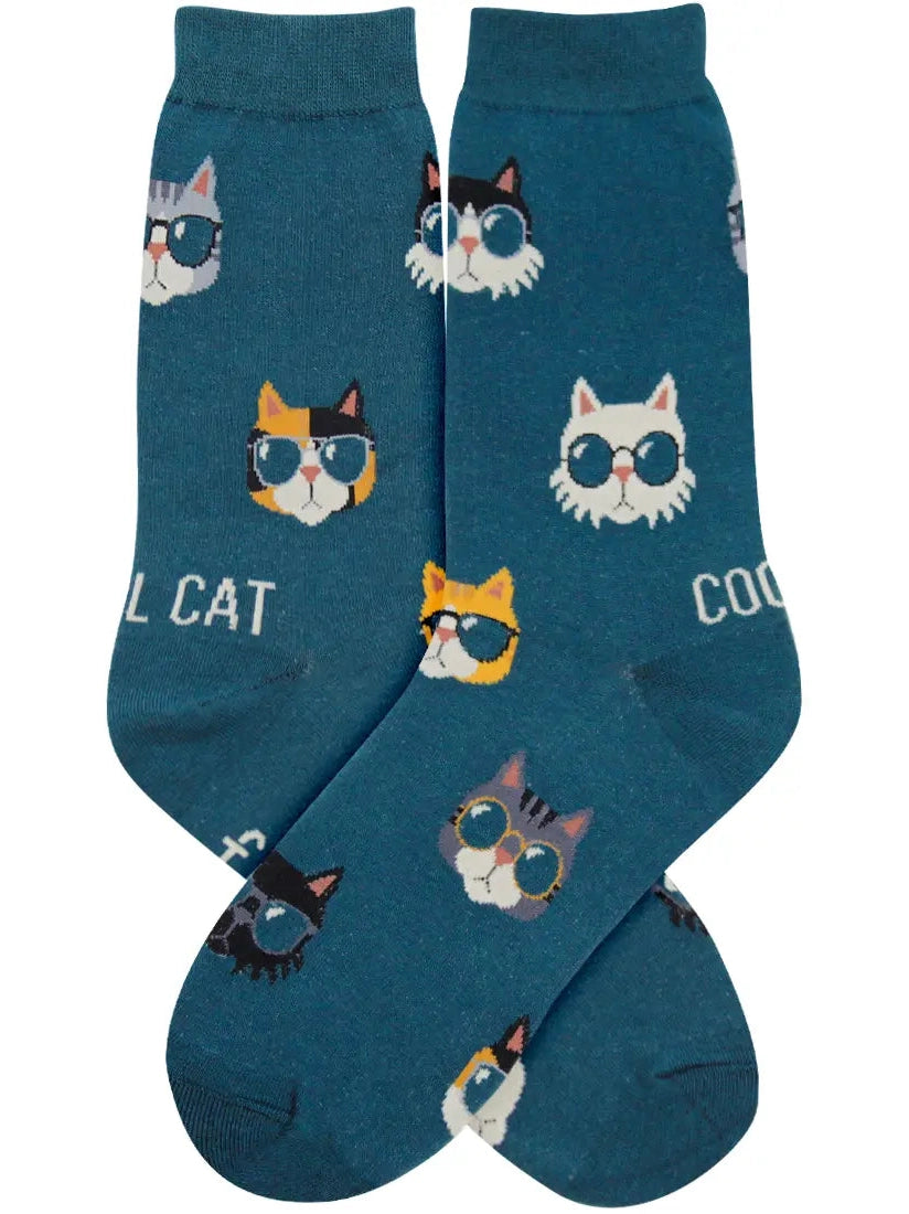 Kid's Socks Two Sizes Cool Cat Faces Blue 7137