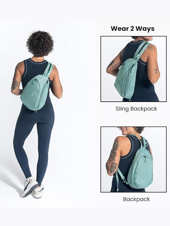 A woman modeling a mint green sling backpack shown from the back, with two inset views on the right showing the backpack worn over the shoulders and as a standalone backpack. Text labels read 'Wear 2 Ways,' 'Sling Backpack,' and 'Backpack.