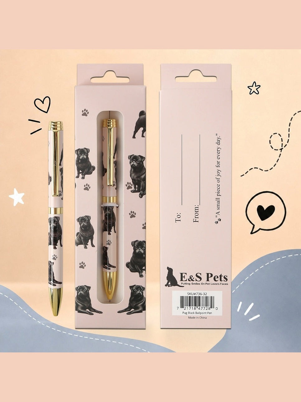 A pet-themed pen set shown with the pen, its hanging display box, and the retail carton on a soft peach background with decorative doodles. The pen and box are pale pink with black dog illustrations and gold accents; the carton shows the brand E&S Pets.