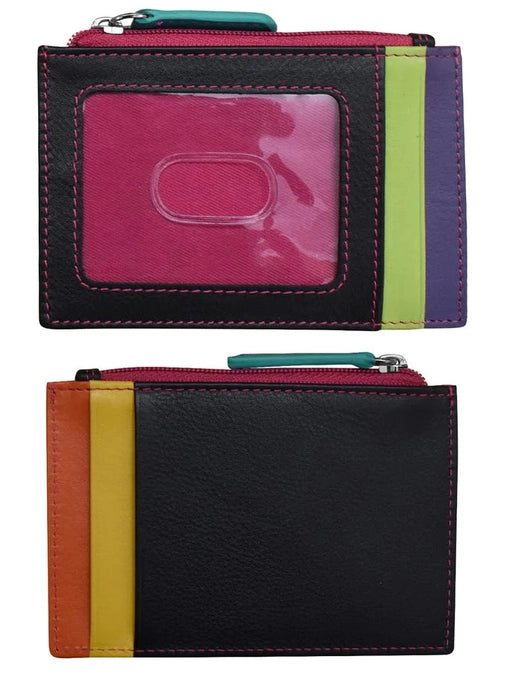 Card Holder Zip I.D. Card Case Black Brights Leather RFID Blocking 7416