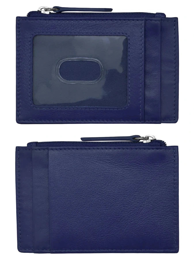 Card Holder Zip I.D. Card Case Classic Navy Leather RFID Blocking 7416