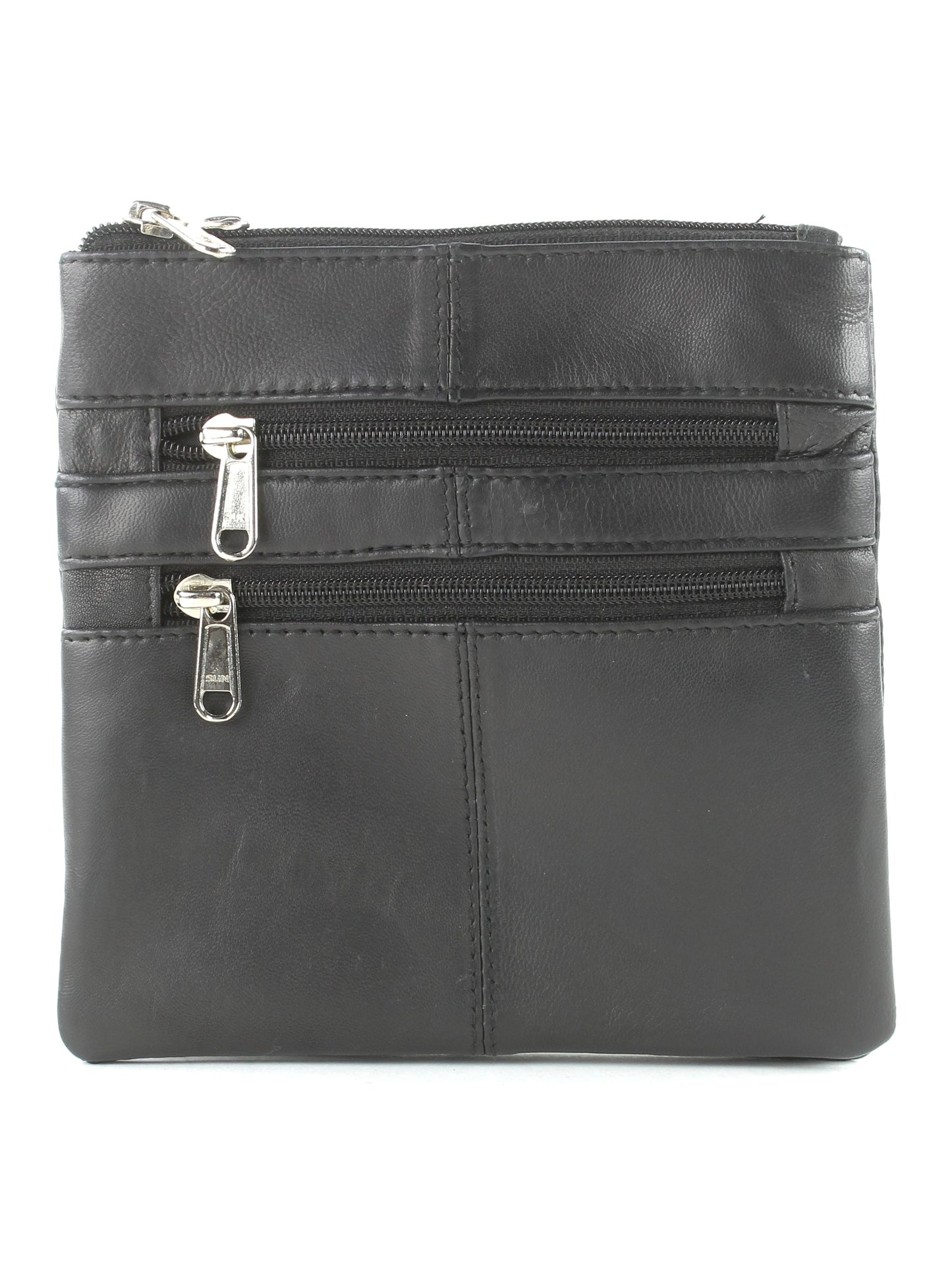 Messenger Bag With Dual Zip Pockets Compact Black Leather 772BK