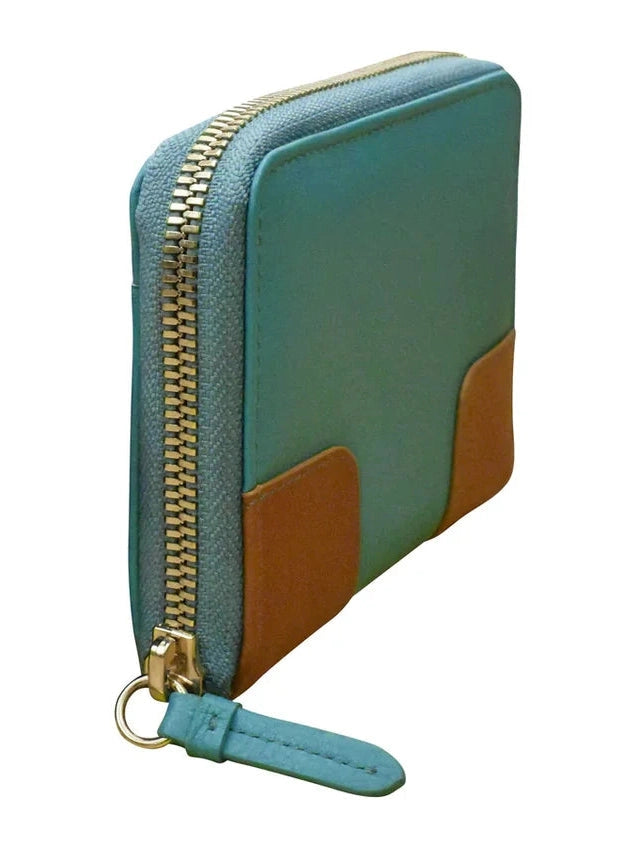 Wallet Small Zip Leather Turquoise Antique Corner Detail 7841