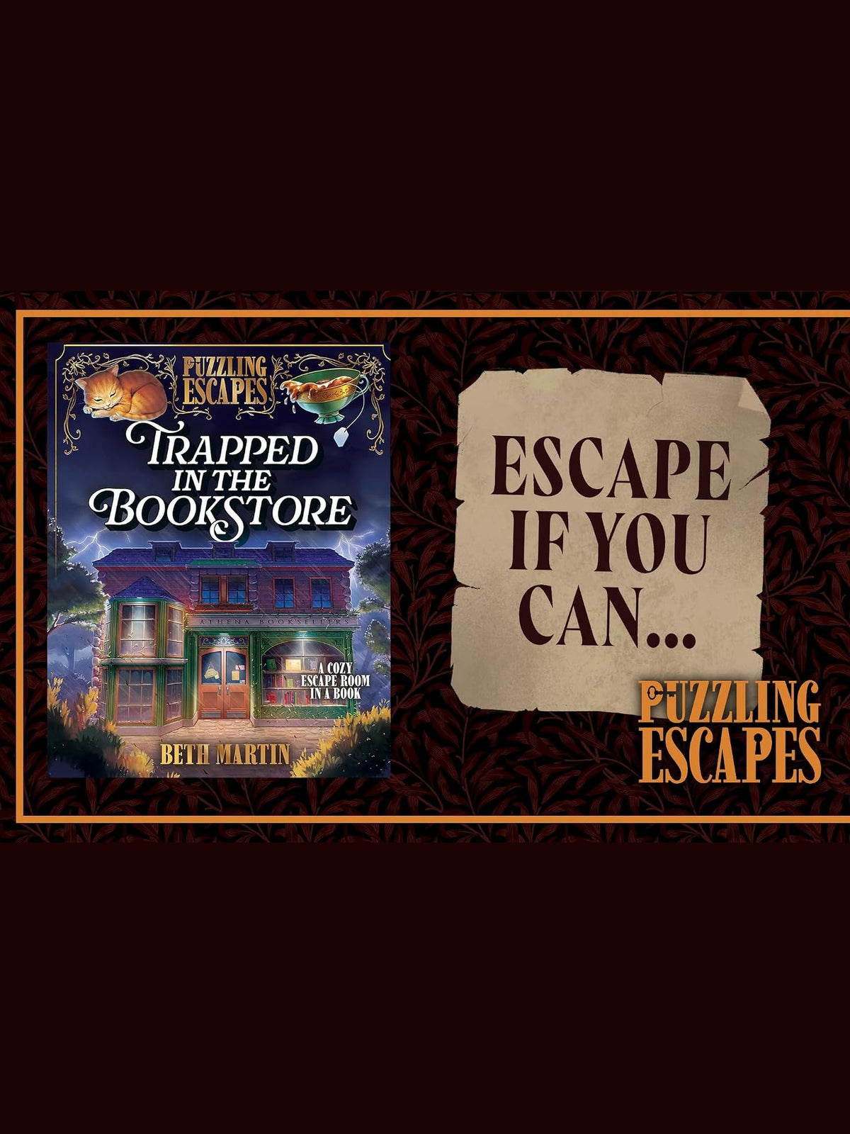 Book cover and promotional graphic for 'Trapped in the Bookstore' by Beth Martin under the Puzzling Escapes series. The left side shows the illustrated book cover with a spooky bookshop at night.