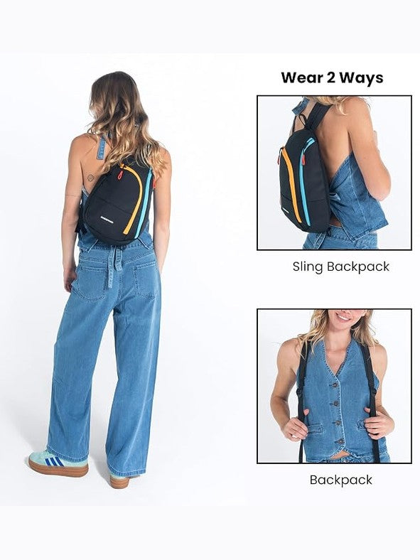 A woman wearing a black sling backpack with yellow and blue accents, shown from the back in a large view and in two smaller inset views demonstrating the sling mode and backpack mode. The background is solid white.