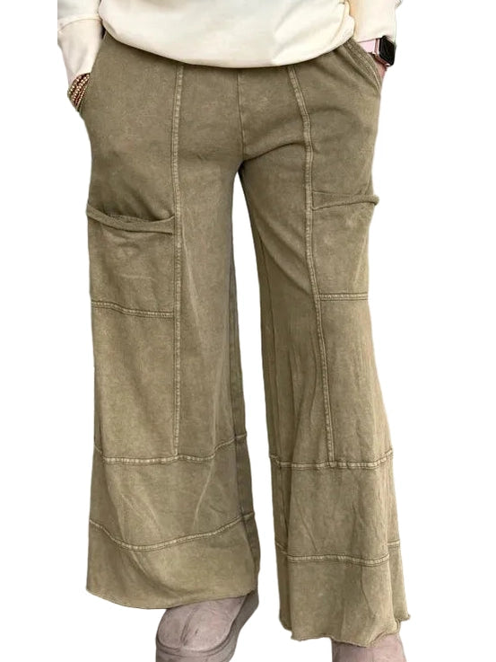 Pants Olive Drawstring 6 Pocket Terry Knit Women's EB41308