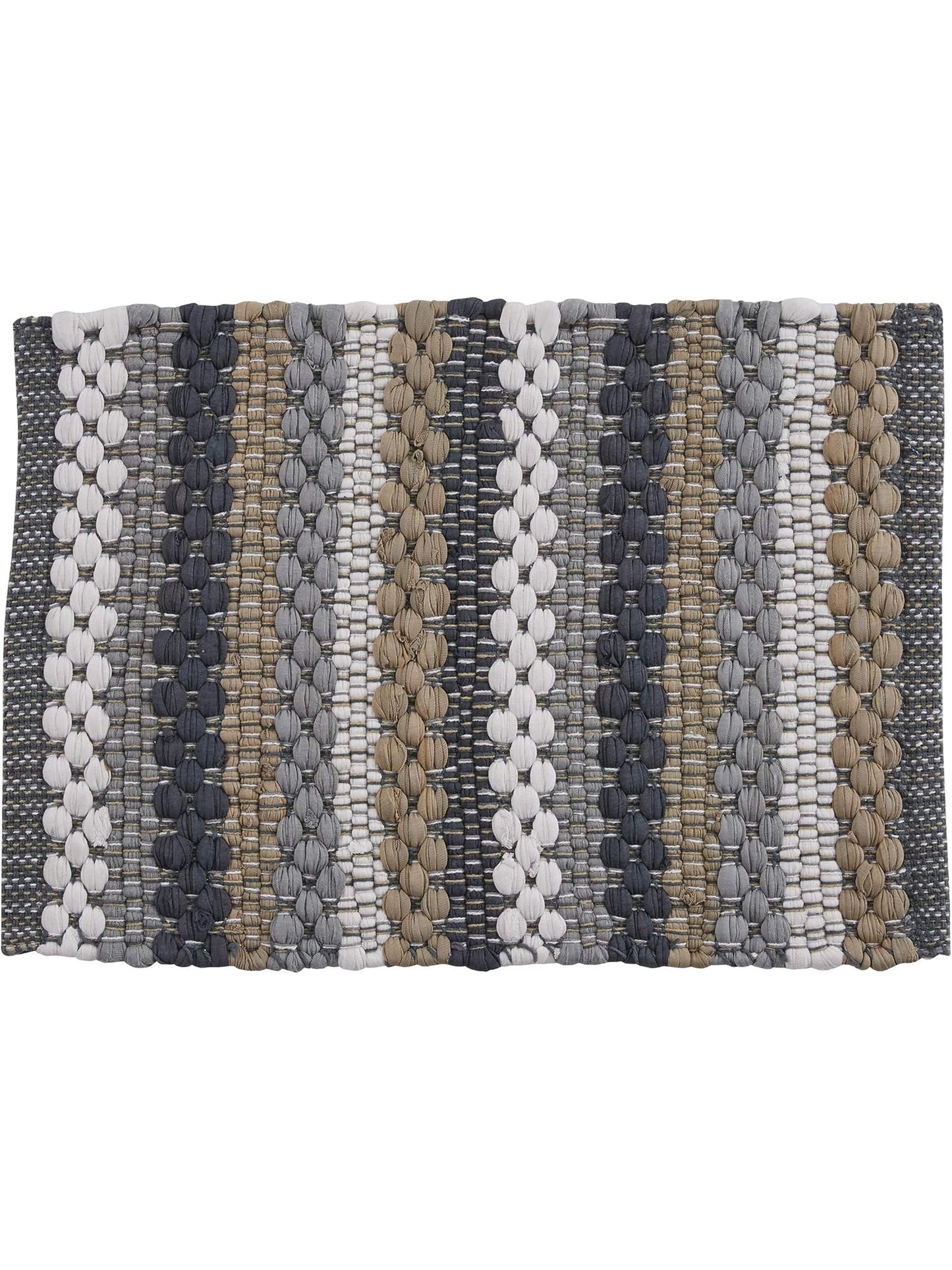 A woven rectangular rug with vertical textured stripes in white, gray, charcoal, beige, and taupe, shown flat against a white background.